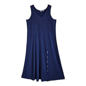 SUSAN GRAVER Women's XL Maxi Dress Navy Sleeveless Snaps Liquid Knit Bust 44